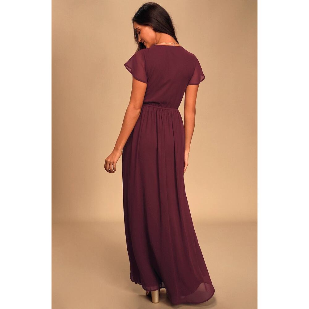 Lulu's Wine V-Neck Maxi Dress with Side Slit - Picture 4 of 11